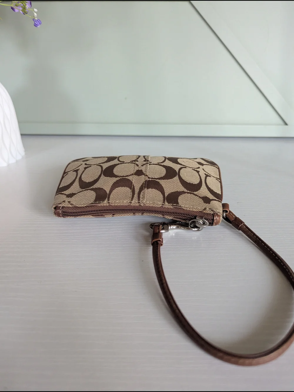 Coach Signature Canvas Wristlet in Brown and Tan